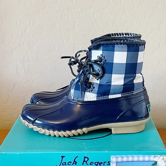 Jack Rogers Draper James 6 Chloe Midnight Blue White Gingham Check Boots Rare! - Picture 3 of 9